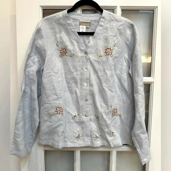 Coldwater Creek | Light Sky Blue Linen Button Down Floral Embroidered Blouse M - Picture 14 of 14